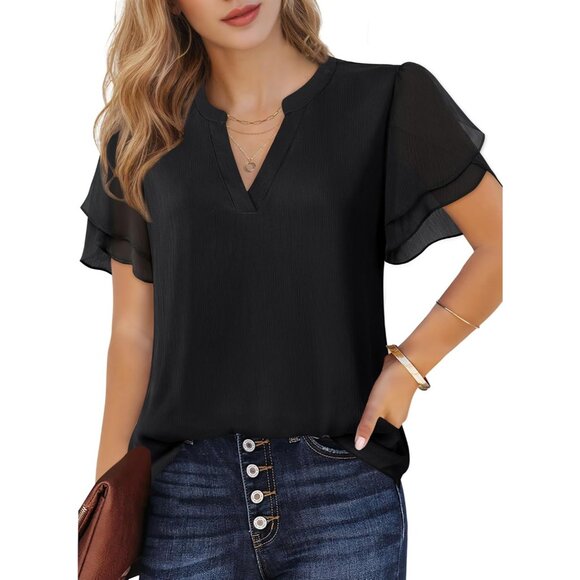 Women Chiffon Blouses Summer V Neck Petal Puff Sleeve Work Casual Top - Picture 2 of 5